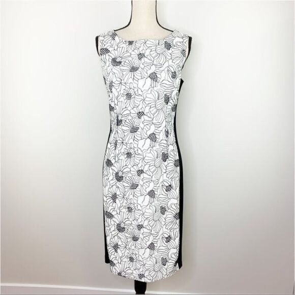 Rickie Freeman for Teri Jon B/W Embroidered Faux Leather Sheath Dress 10 - Picture 1 of 13